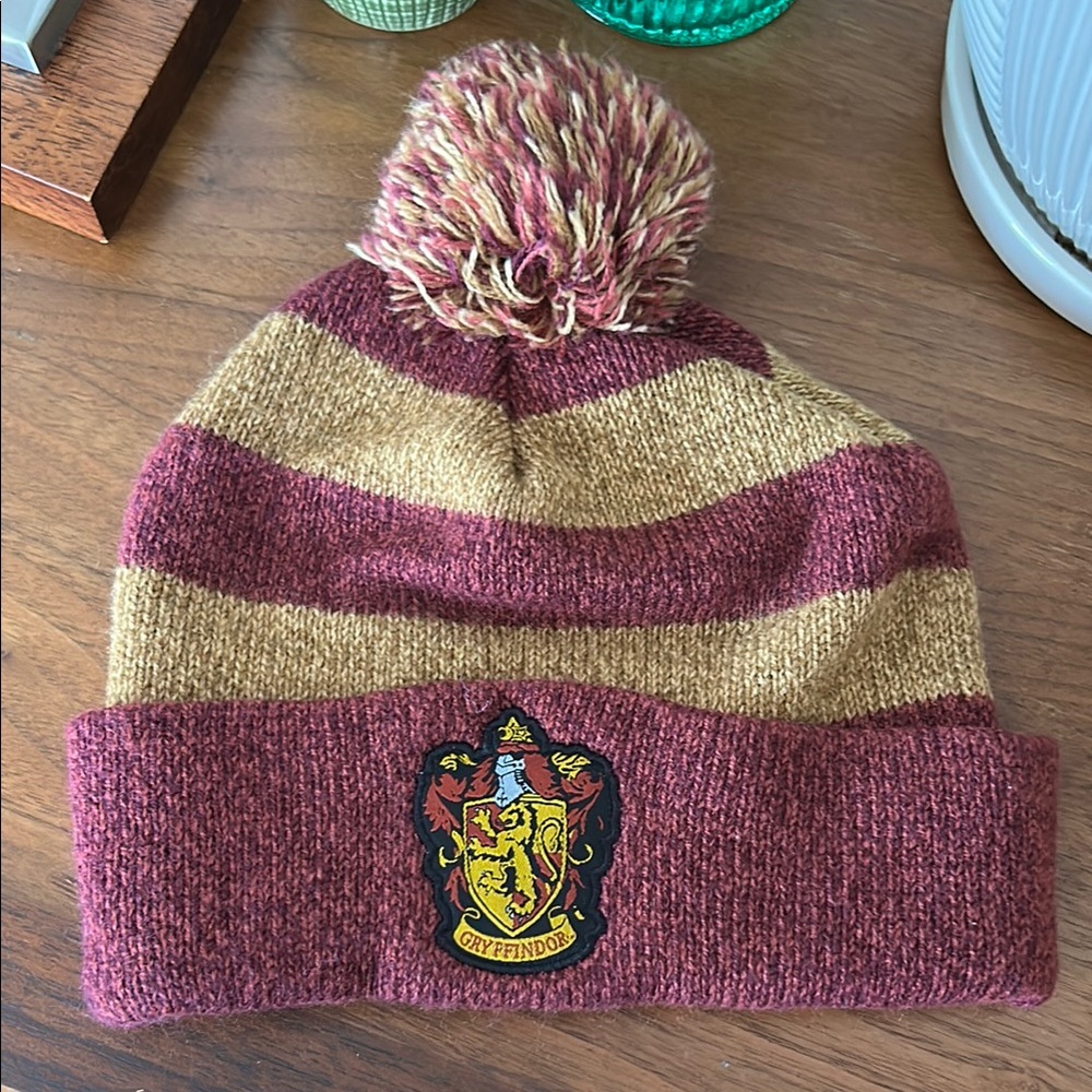 Wizarding World Gryffindor Striped Knit Pom-Pom Beanie - Red/ Maroon and Gold